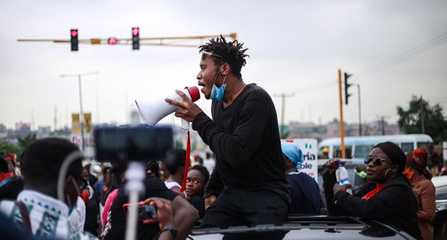 Peter Eromosele Adene during the #EndSARS protests (File Photo)