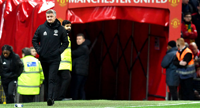 Manchester United’s Norwegian manager Ole Gunnar Solskjaer arrives back on the pitch for the second half of the English League Cup semi-final first leg football match between Manchester United and Manchester City at Old Trafford in Manchester, north west England on January 7, 2020. Paul ELLIS / AFP
